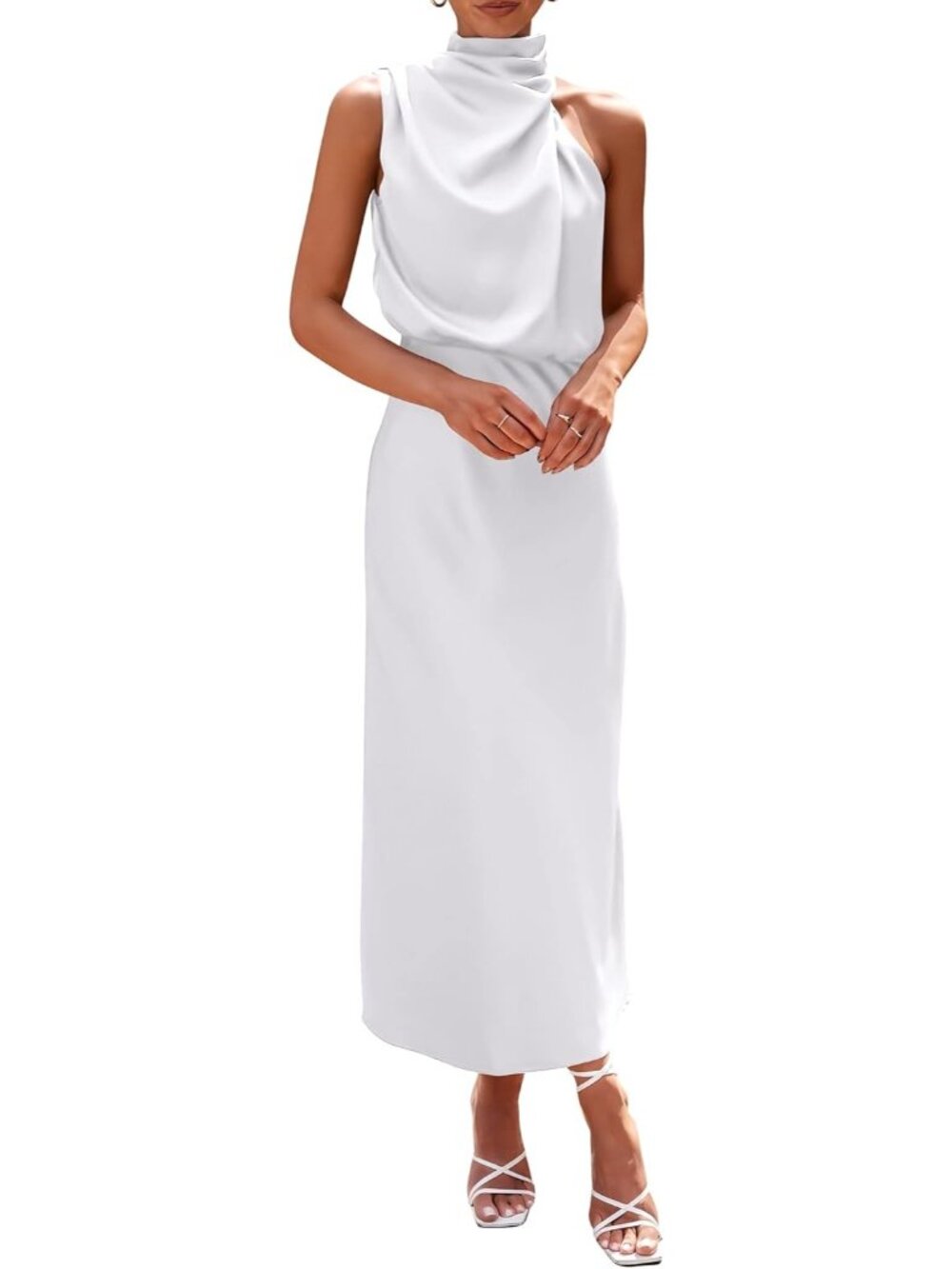 Women's White Summer Satin Dress Elegant Sleeveless Mock Neck Maxi Dress